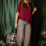 ROCKIN' AROUND BORDEAUX ASYMMETRIC SATIN LACE BLOUSE