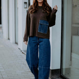 ASTRID BROWN DENIM POCKET SWEATER