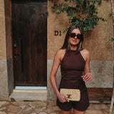 MARQUEZ BROWN LINEN HALTER PLAYSUIT