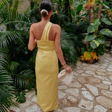 CORALITO YELLOW LINEN ONE SHOULDER DRESS