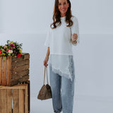 NORA WHITE LONG ASYMMETRIC LACE T-SHIRT