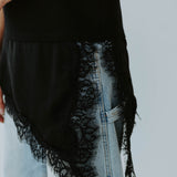 NORA BLACK LONG ASYMMETRIC LACE T-SHIRT