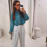 SARA ECRU/DARK BLUE STRIPED PANTS