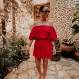 BRISA LATINA RED OFF SHOULDER LINEN DRESS