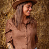 SKYLAR CAMEL SUEDE BUTTON BLOUSE