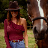 AUBURN BORDEAUX LACE ONE SHOULDER TOP