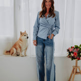 LIESELOT LIGHT BLUE CHECKERED WRAP BLOUSE