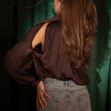CANDLELIGHT BROWN SATIN ONE SHOULDER BLOUSE