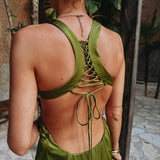 BONANZA OLIVE GREEN SATIN DRESS