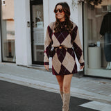 ANOUCK BURGUNDY/BEIGE ARGYLE DRESS
