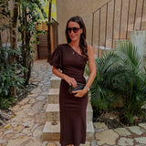 NAYEL BROWN LINEN ONE SHOULDER DRESS