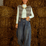 FAEDRA BROWN CHECKERED SLEEVELESS ZIP JACKET