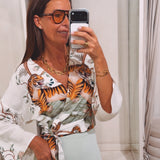 TIGER WHITE WRAP BLOUSE