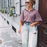 IDRA CAMEL/BLUE CHECKERED BLOUSE