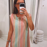 EVI GREEN/PINK STRIPED PRINT CROCHET DRESS