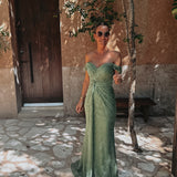 LUNESSA KHAKI LACE OFF SHOULDER DRESS