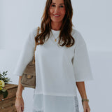 NORA WHITE LONG ASYMMETRIC LACE T-SHIRT