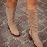 GRACE TAUPE SUEDE HEEL BOOTS