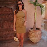 ZINEB KHAKI LINEN HALTER PEARL DRESS
