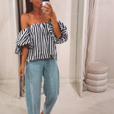 ELIN ECRU/DARK BLUE STRIPED OFF SHOULDER BLOUSE