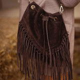 FALLEN LEAVES BROWN FRINGE BUCKET BAG