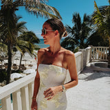 ESENCIA DIVINA BUTTER YELLOW FLOWER BANDEAU DRESS