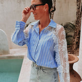 ISABELA LIGHT BLUE STRIPED LACE BLOUSE