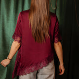 ROCKIN' AROUND BORDEAUX ASYMMETRIC SATIN LACE BLOUSE