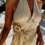 CORAZON DE MEXICO YELLOW SATIN HALTER DRESS