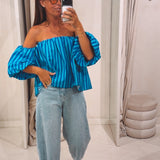 ELIN LIGHT BLUE/COBALT BLUE STRIPED OFF SHOULDER BLOUSE