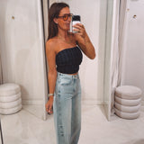 EMMY DARK BLUE CHECKERED STRAPLESS TOP