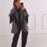 JOLENE BLACK CHECKERED FRINGE BLAZER
