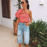 AZAHAR RED CHECKERED ONE SHOULDER BLOUSE