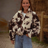 ODETTA BROWN/ECRU COW PRINT TEDDY JACKET