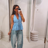 ORLANE BLUE STRIPED HALTER TOP