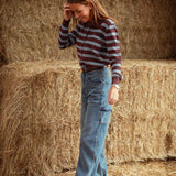 QUINLYN BROWN STRIPED LONGSLEEVE POLO SHIRT