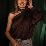 CANDLELIGHT BROWN SATIN ONE SHOULDER BLOUSE