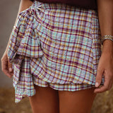 SAVANNAH BURGUNDY/BLUE CHECKERED WRAP SKORT