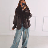 ZORA BROWN LEATHER FAUX FUR COLLAR JACKET