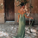 LUNESSA KHAKI LACE OFF SHOULDER DRESS