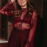 PARTY FEVER BORDEAUX PLISSE SEQUIN BLOUSE