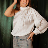 CANDLELIGHT ECRU SATIN ONE SHOULDER BLOUSE