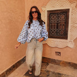PARADISE LIGHT BLUE POLKADOTS OPEN BACK BLOUSE