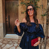 PASIONAL DARK BLUE OFF SHOULDER DRESS