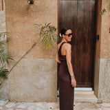 CORALITO BROWN LINEN ONE SHOULDER DRESS