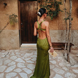 BONANZA OLIVE GREEN SATIN DRESS