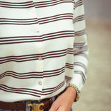 QUINLYN ECRU STRIPED LONGSLEEVE POLO SHIRT