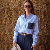 NEVADA BLUE STRIPED POCKET BLOUSE
