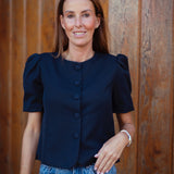 SANTIAGO DARK BLUE BUTTON BLOUSE