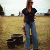 QUINN DARK BLUE BUTTON BLOUSE